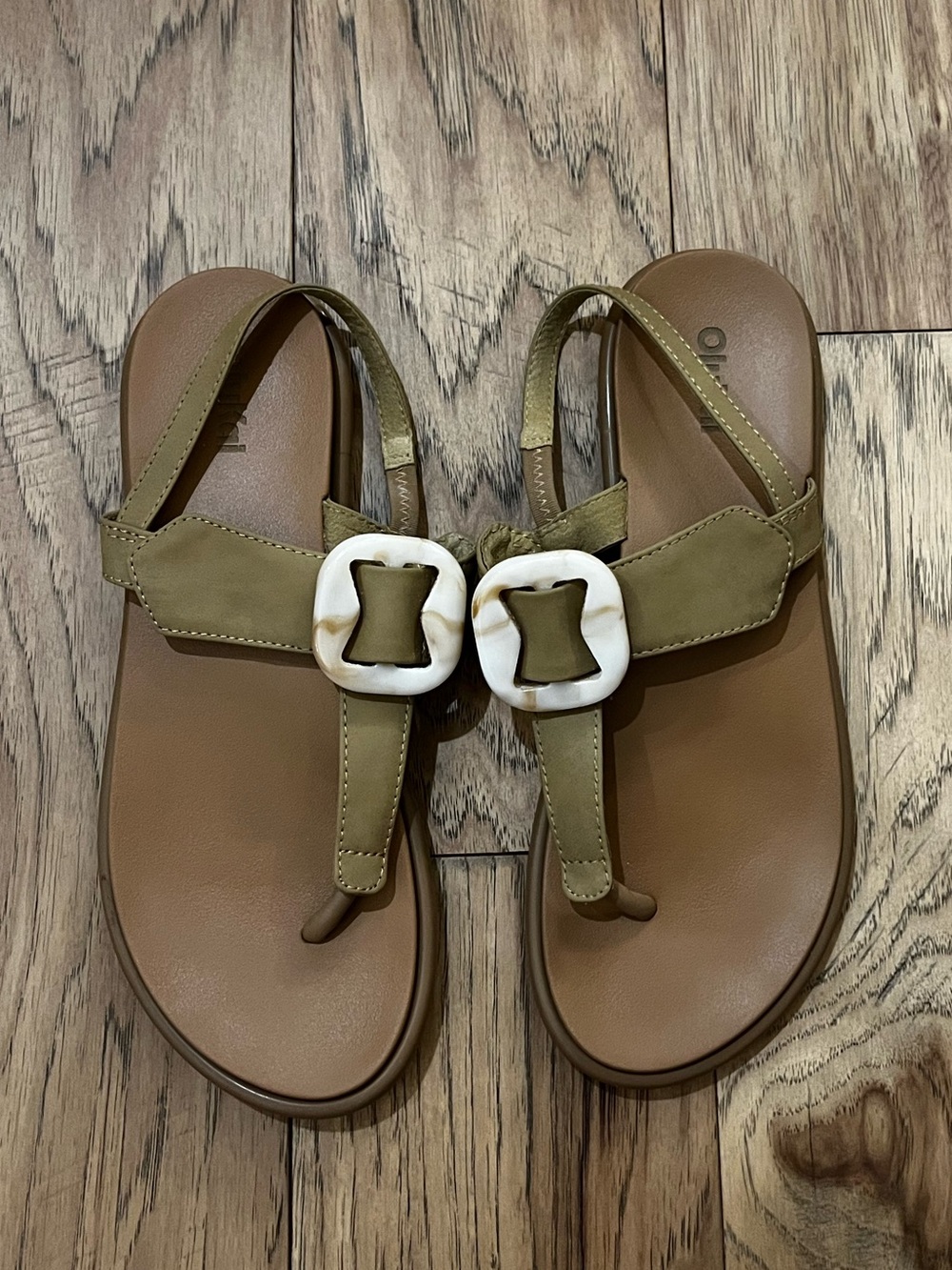 OluKai Women's Brown Slingback Thong Sandals with Ivory Buckle Accent - Picture 3 of 6